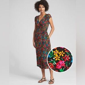 GAP Black and Pink Floral Wrap Dress with Cap Sleeves